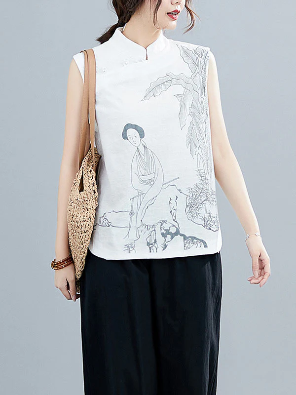Artistic Retro Chinese-Style Printed Buttoned Stand Collar Sleeveless Vest - Image 2