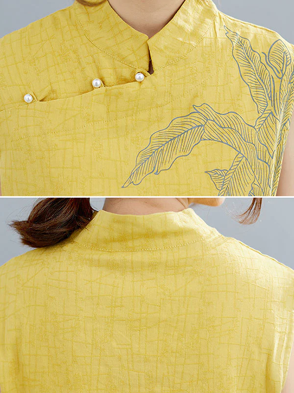 Artistic Retro Chinese-Style Printed Buttoned Stand Collar Sleeveless Vest - Image 20