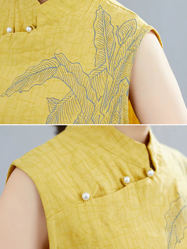 Artistic Retro Chinese-Style Printed Buttoned Stand Collar Sleeveless Vest - Image 21
