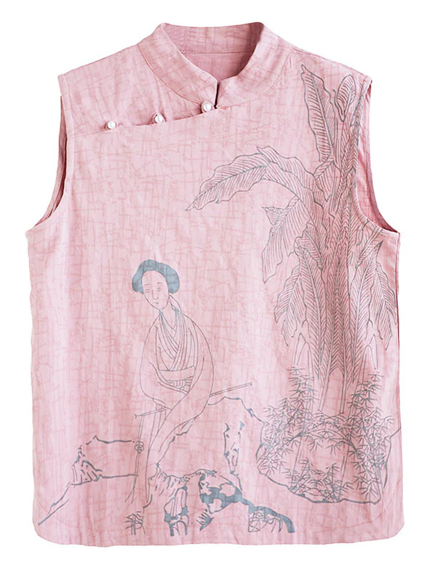Artistic Retro Chinese-Style Printed Buttoned Stand Collar Sleeveless Vest - Image 23