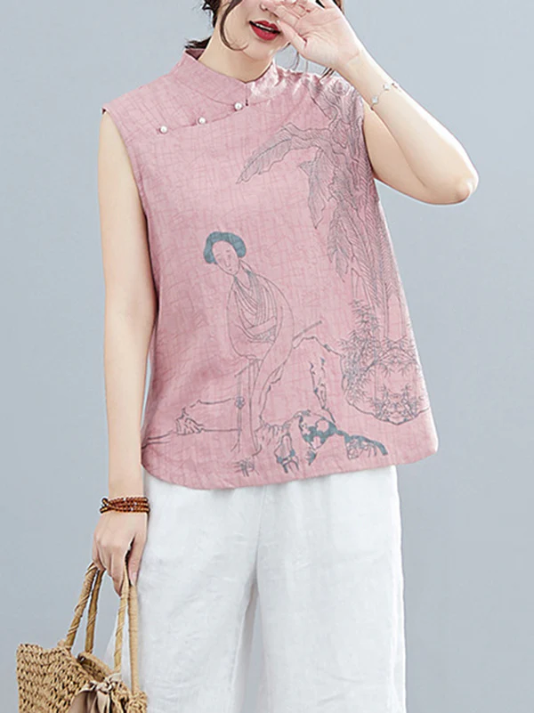 Artistic Retro Chinese-Style Printed Buttoned Stand Collar Sleeveless Vest - Image 3