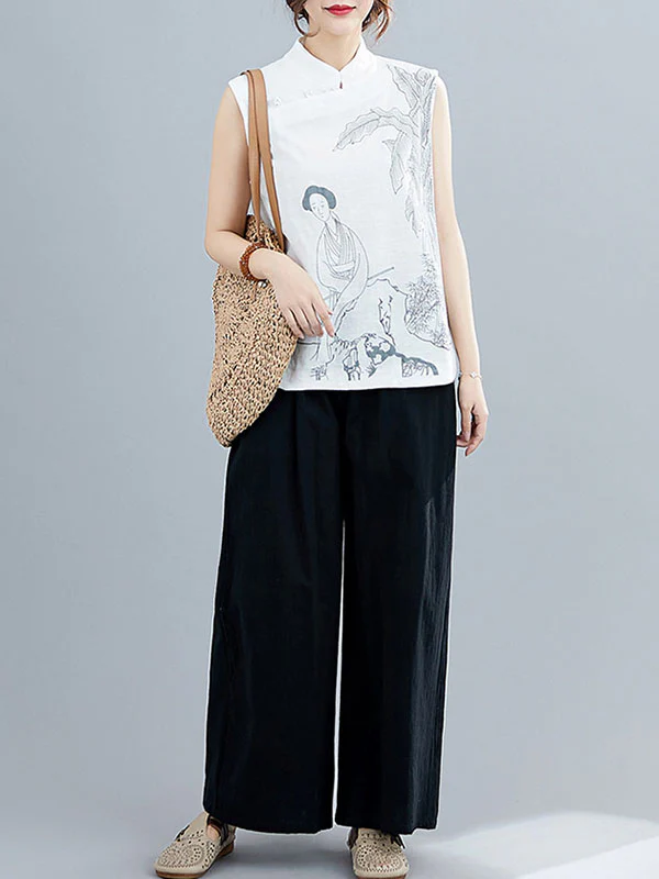 Artistic Retro Chinese-Style Printed Buttoned Stand Collar Sleeveless Vest - Image 4