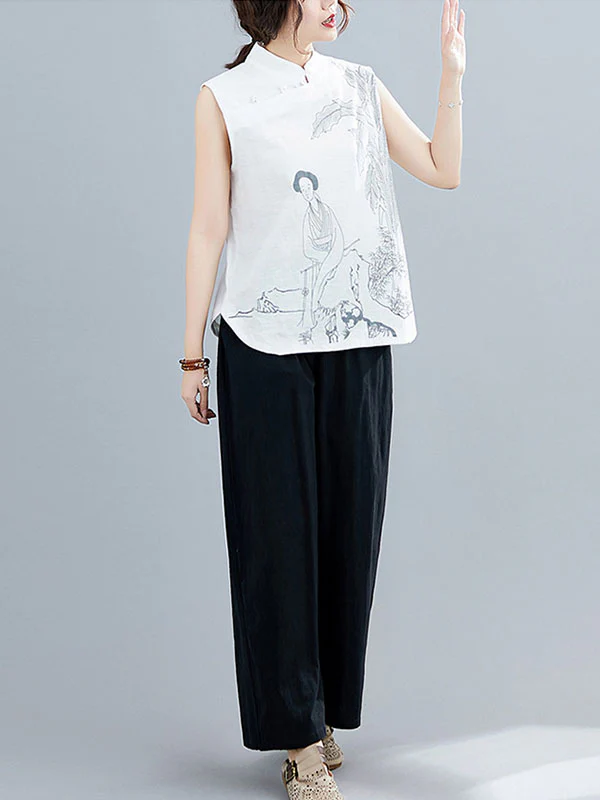 Artistic Retro Chinese-Style Printed Buttoned Stand Collar Sleeveless Vest - Image 5