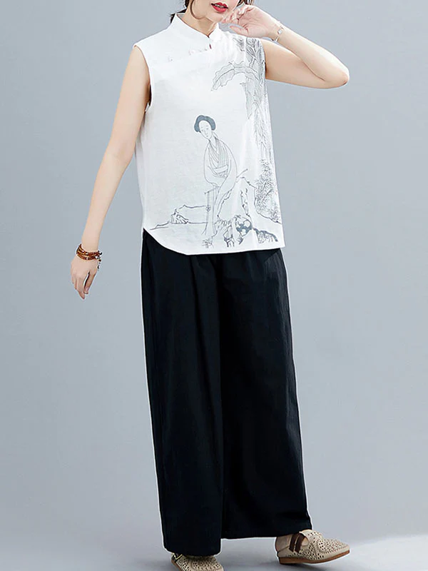 Artistic Retro Chinese-Style Printed Buttoned Stand Collar Sleeveless Vest - Image 6