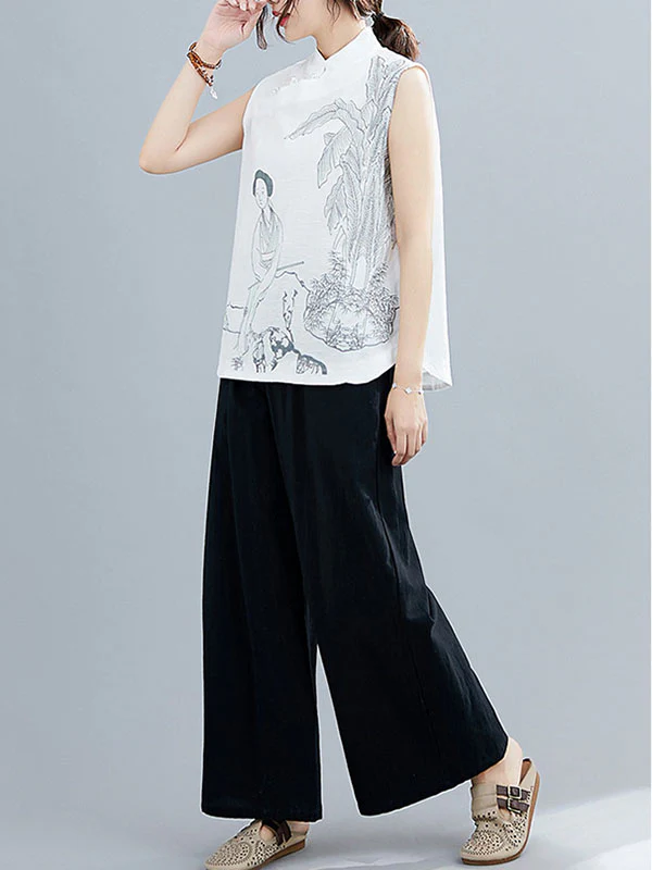 Artistic Retro Chinese-Style Printed Buttoned Stand Collar Sleeveless Vest - Image 7