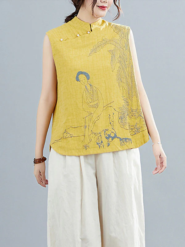Artistic Retro Chinese-Style Printed Buttoned Stand Collar Sleeveless Vest - Image 8