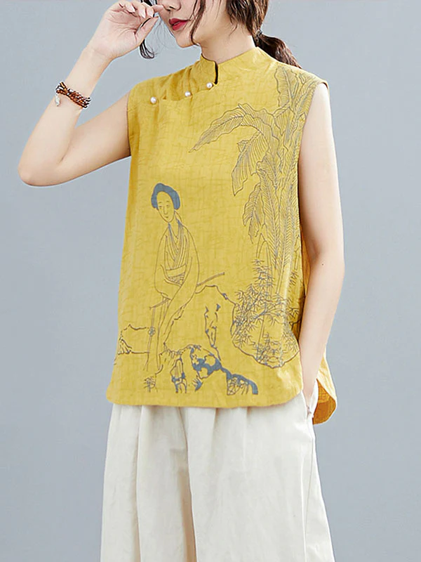Artistic Retro Chinese-Style Printed Buttoned Stand Collar Sleeveless Vest - Image 9