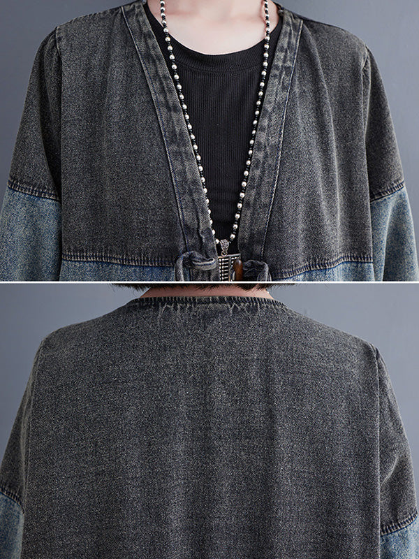 Artistic Retro Denim Long Sleeves Loose Tied Split-Joint Trench Outerwear - Image 10