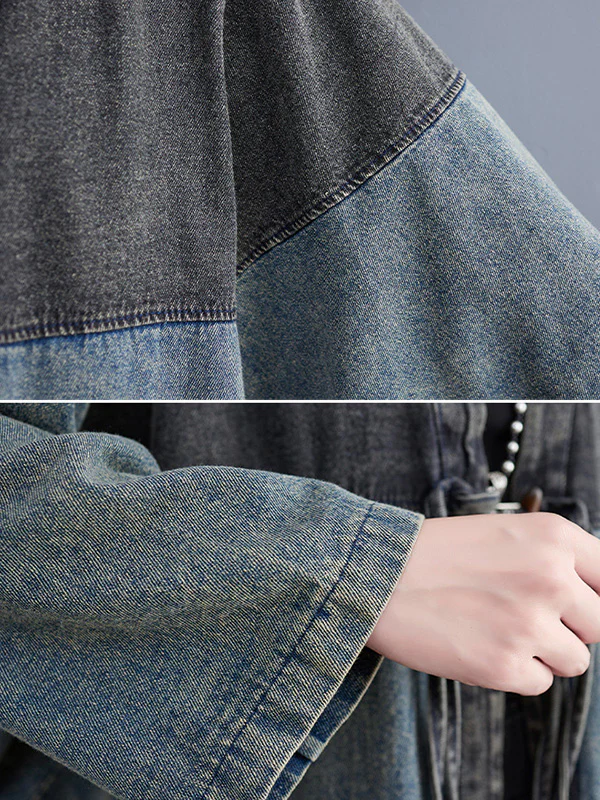 Artistic Retro Denim Long Sleeves Loose Tied Split-Joint Trench Outerwear - Image 11