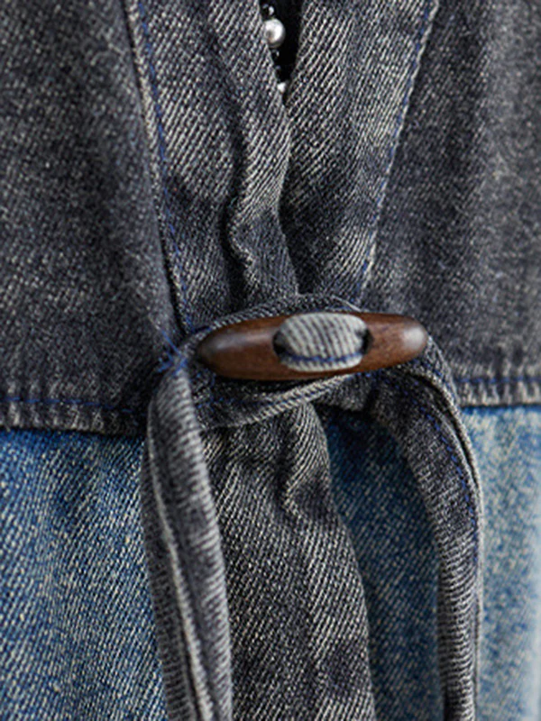Artistic Retro Denim Long Sleeves Loose Tied Split-Joint Trench Outerwear - Image 13