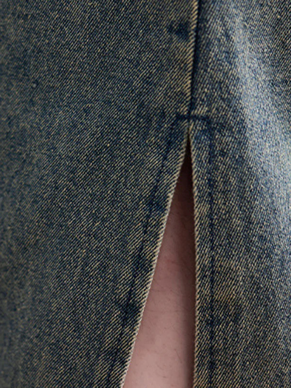 Artistic Retro Denim Long Sleeves Loose Tied Split-Joint Trench Outerwear - Image 15