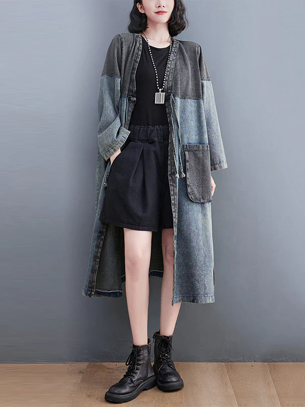 Artistic Retro Denim Long Sleeves Loose Tied Split-Joint Trench Outerwear - Image 2