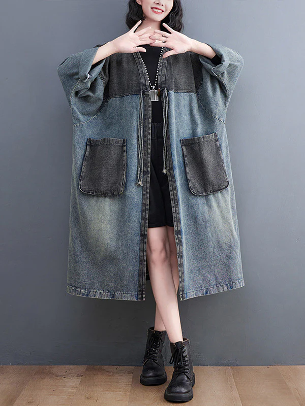 Artistic Retro Denim Long Sleeves Loose Tied Split-Joint Trench Outerwear - Image 3