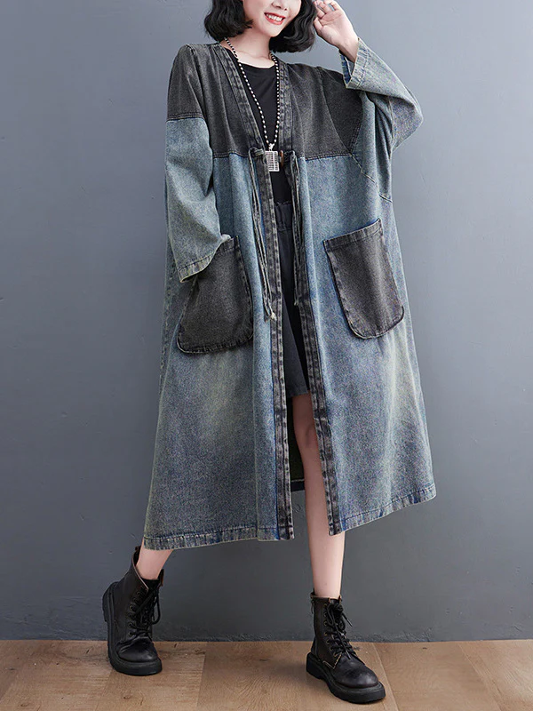 Artistic Retro Denim Long Sleeves Loose Tied Split-Joint Trench Outerwear - Image 4