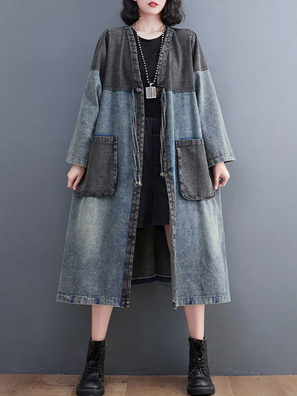 Artistic Retro Denim Long Sleeves Loose Tied Split-Joint Trench Outerwear - Image 5