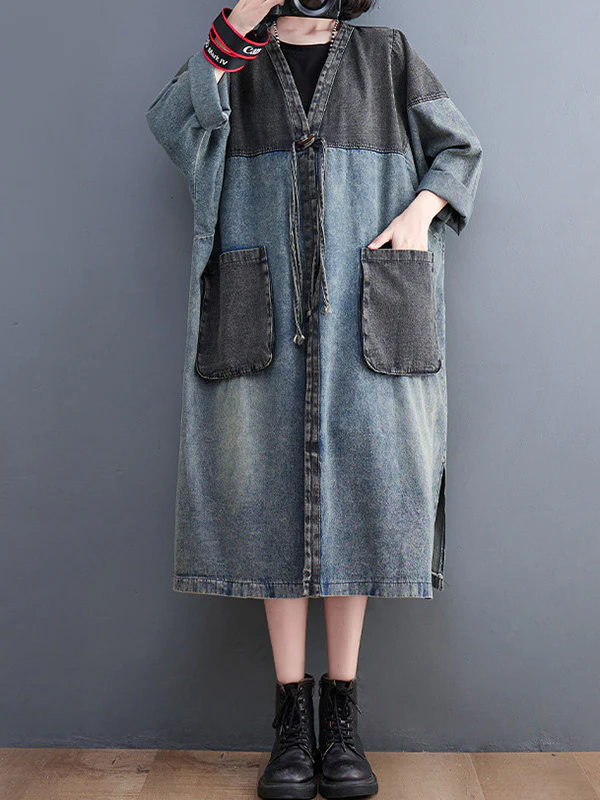 Artistic Retro Denim Long Sleeves Loose Tied Split-Joint Trench Outerwear - Image 6