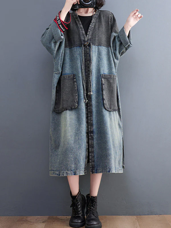 Artistic Retro Denim Long Sleeves Loose Tied Split-Joint Trench Outerwear - Image 7