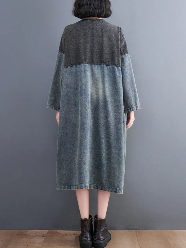 Artistic Retro Denim Long Sleeves Loose Tied Split-Joint Trench Outerwear - Image 8