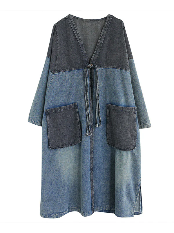Artistic Retro Denim Long Sleeves Loose Tied Split-Joint Trench Outerwear - Image 9