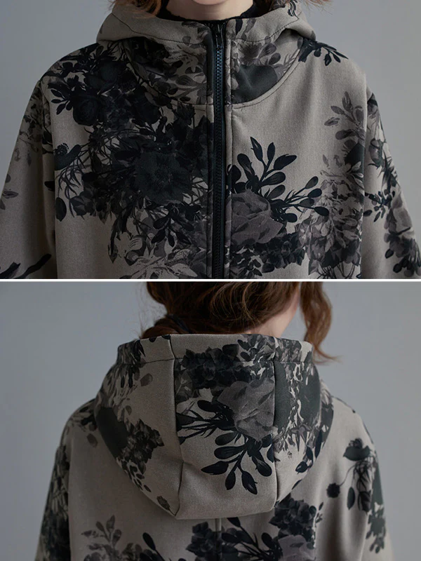 Artistic Retro Loose Floral Printed Hooded Long Sleeves Outwear - Image 10