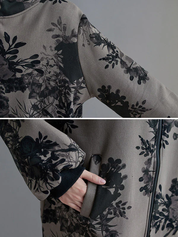 Artistic Retro Loose Floral Printed Hooded Long Sleeves Outwear - Image 11