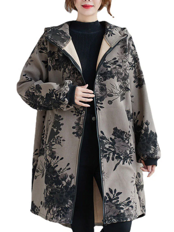 Artistic Retro Loose Floral Printed Hooded Long Sleeves Outwear - Image 13
