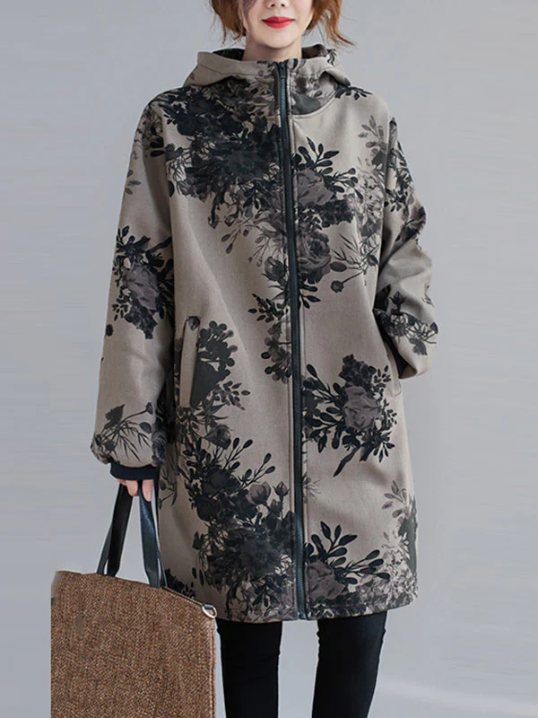 Artistic Retro Loose Floral Printed Hooded Long Sleeves Outwear - Image 2