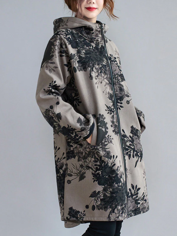 Artistic Retro Loose Floral Printed Hooded Long Sleeves Outwear - Image 3