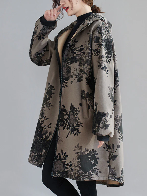 Artistic Retro Loose Floral Printed Hooded Long Sleeves Outwear - Image 4