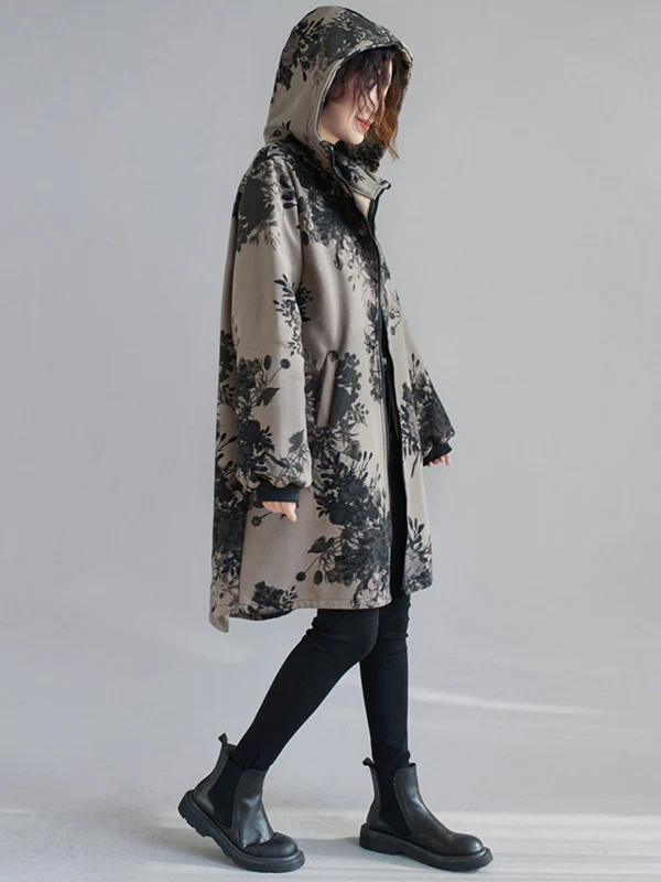 Artistic Retro Loose Floral Printed Hooded Long Sleeves Outwear - Image 5