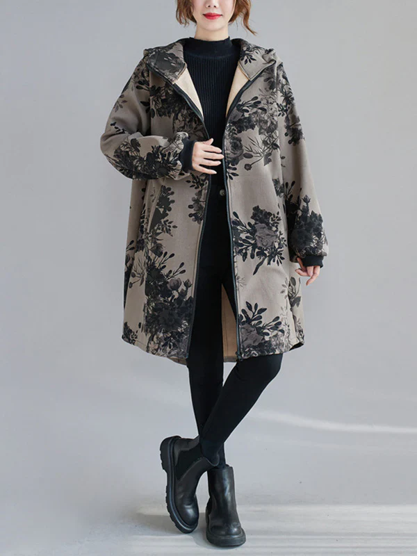 Artistic Retro Loose Floral Printed Hooded Long Sleeves Outwear - Image 6
