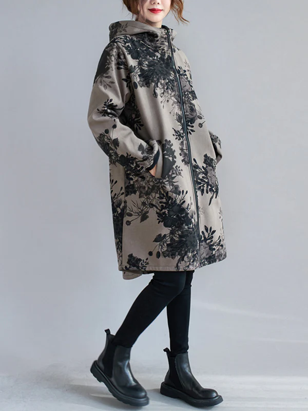 Artistic Retro Loose Floral Printed Hooded Long Sleeves Outwear - Image 7