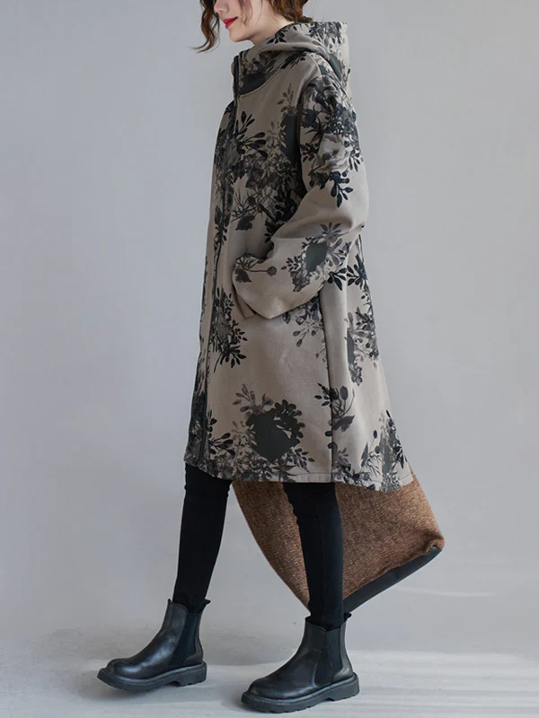 Artistic Retro Loose Floral Printed Hooded Long Sleeves Outwear - Image 8