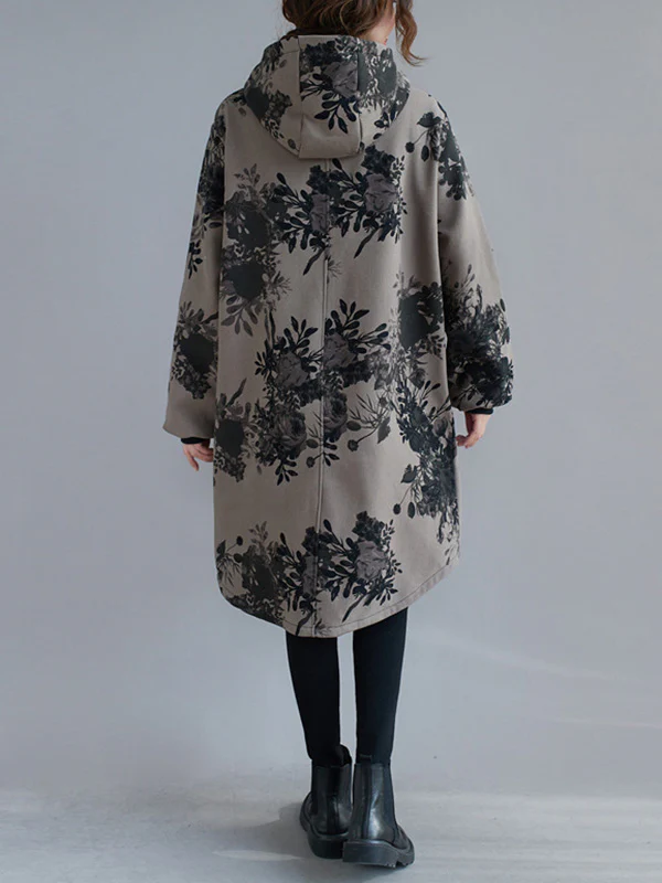 Artistic Retro Loose Floral Printed Hooded Long Sleeves Outwear - Image 9