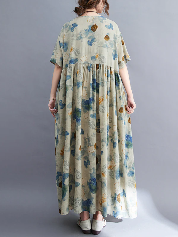 Artistic Retro Loose Floral Printed Pleated Vacation Midi Dress - Image 10