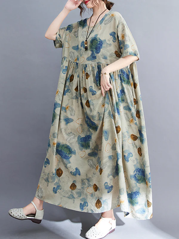 Artistic Retro Loose Floral Printed Pleated Vacation Midi Dress - Image 13