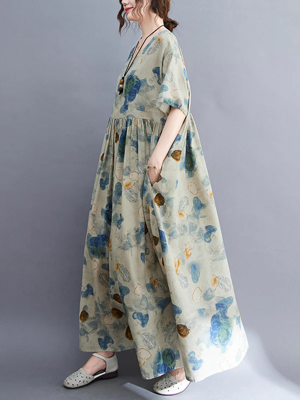 Artistic Retro Loose Floral Printed Pleated Vacation Midi Dress - Image 2