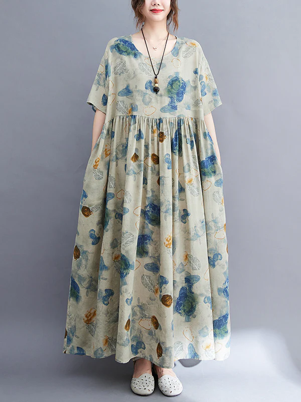 Artistic Retro Loose Floral Printed Pleated Vacation Midi Dress - Image 3