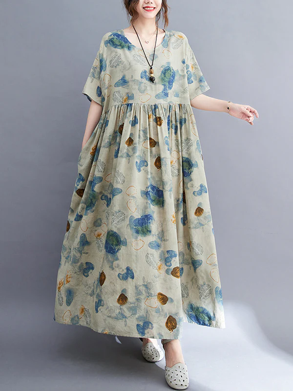 Artistic Retro Loose Floral Printed Pleated Vacation Midi Dress - Image 4