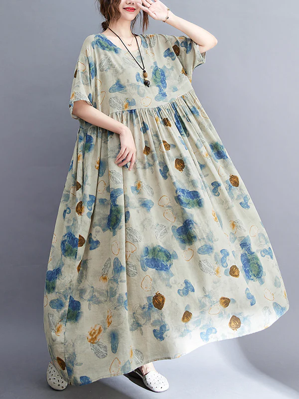 Artistic Retro Loose Floral Printed Pleated Vacation Midi Dress - Image 5