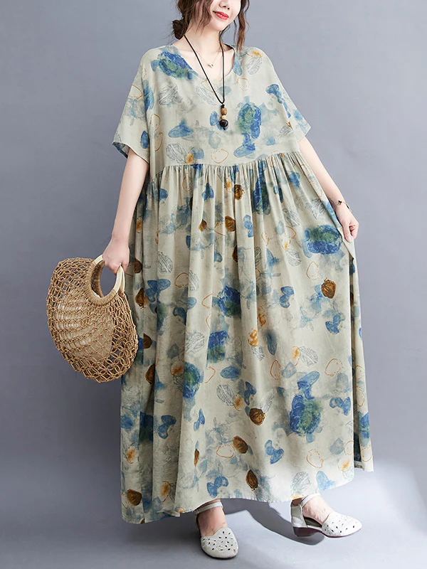 Artistic Retro Loose Floral Printed Pleated Vacation Midi Dress - Image 6