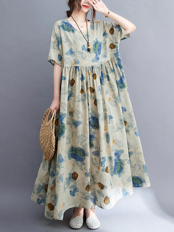 Artistic Retro Loose Floral Printed Pleated Vacation Midi Dress - Image 7