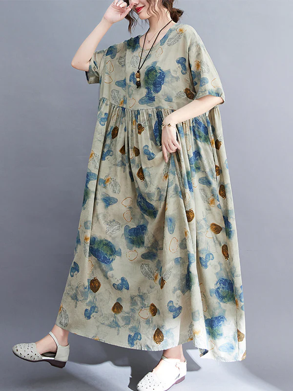 Artistic Retro Loose Floral Printed Pleated Vacation Midi Dress - Image 8