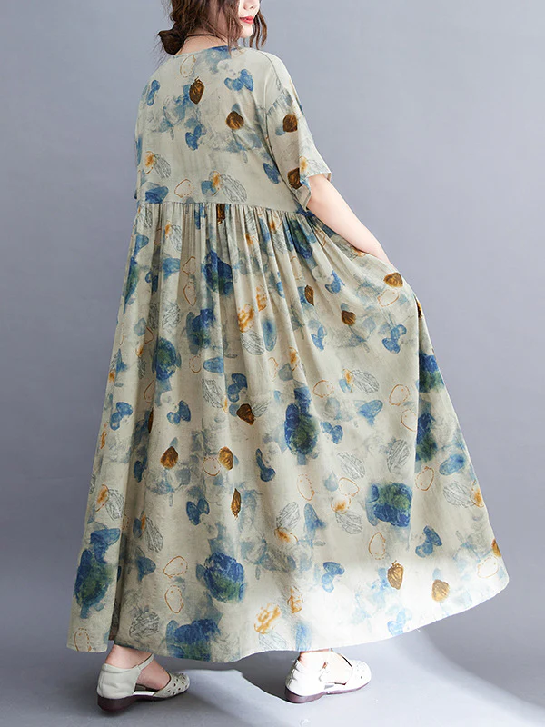 Artistic Retro Loose Floral Printed Pleated Vacation Midi Dress - Image 9