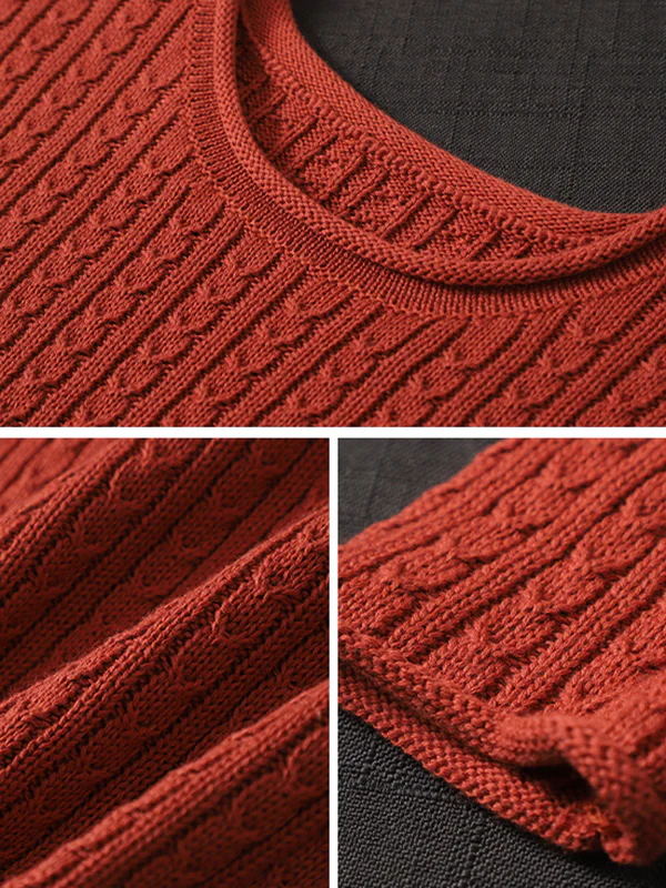 Artistic Retro Loose Long Sleeves Jacquard Solid Color Round-Neck Sweater Tops - Image 10