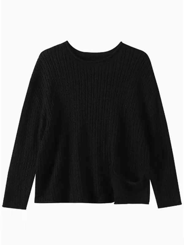 Artistic Retro Loose Long Sleeves Jacquard Solid Color Round-Neck Sweater Tops - Image 11