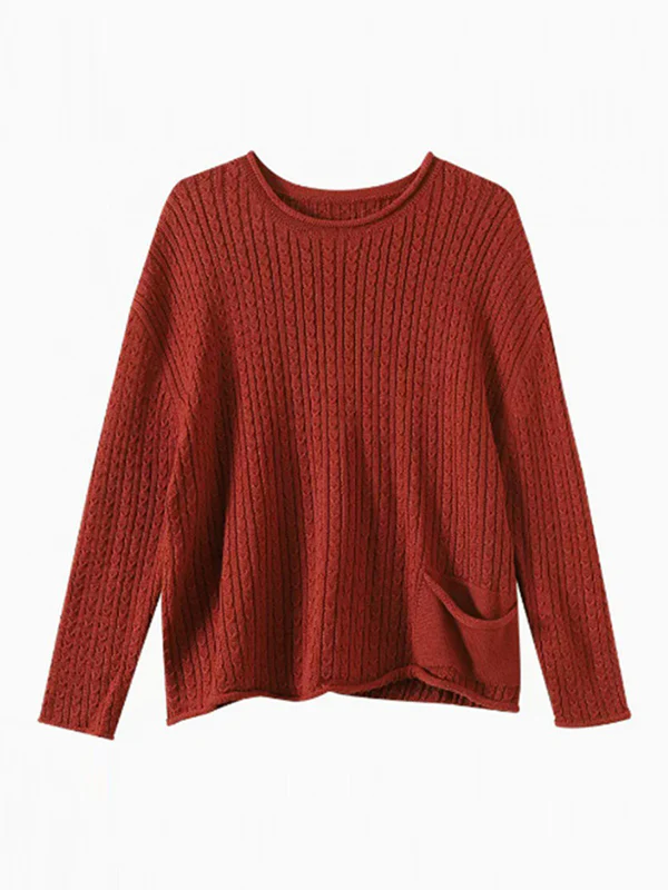 Artistic Retro Loose Long Sleeves Jacquard Solid Color Round-Neck Sweater Tops - Image 12