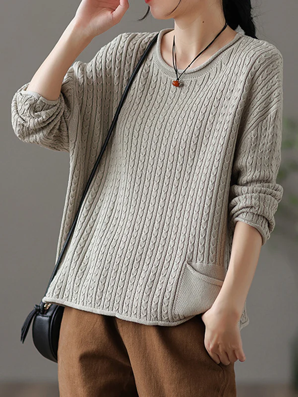 Artistic Retro Loose Long Sleeves Jacquard Solid Color Round-Neck Sweater Tops - Image 2