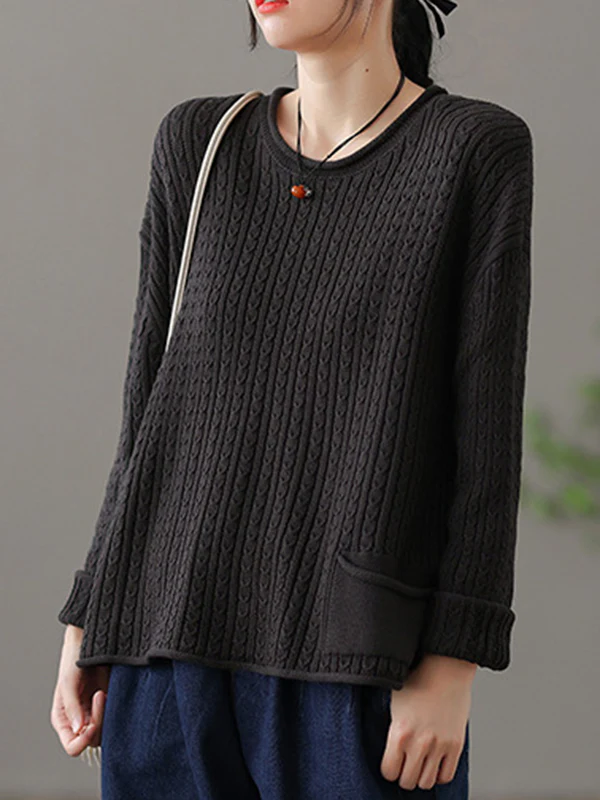 Artistic Retro Loose Long Sleeves Jacquard Solid Color Round-Neck Sweater Tops - Image 3