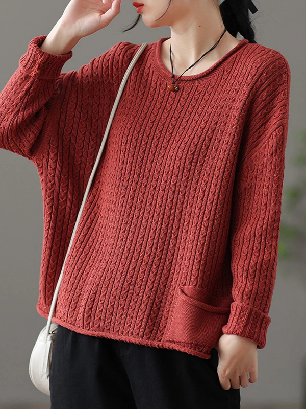 Artistic Retro Loose Long Sleeves Jacquard Solid Color Round-Neck Sweater Tops - Image 4